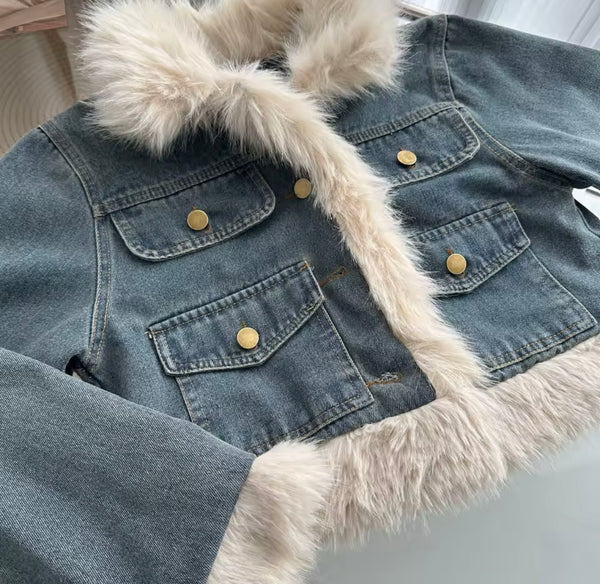 Women Fashion Fur Patchwork Denim Jacket Two Piece Skirt Set