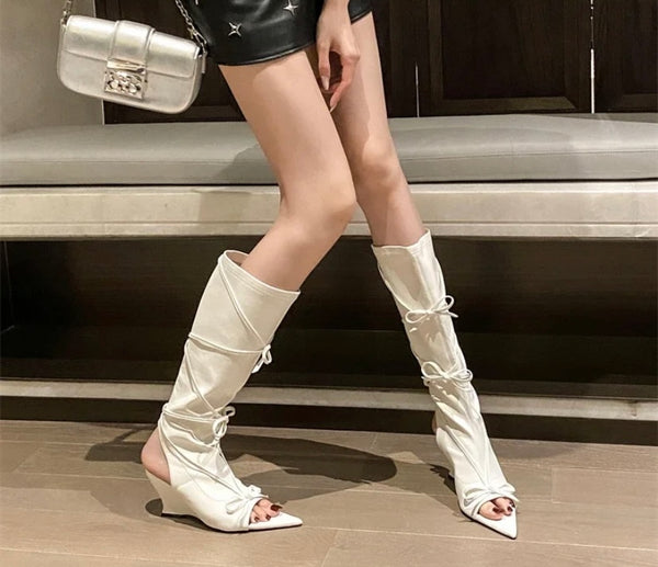 Women Pointed Open Toe Bow Faux Leather Knee High Fashion Boots