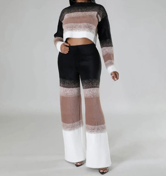 Women Multicolored Striped Fashion Two Piece Full Sleeve Pant Set