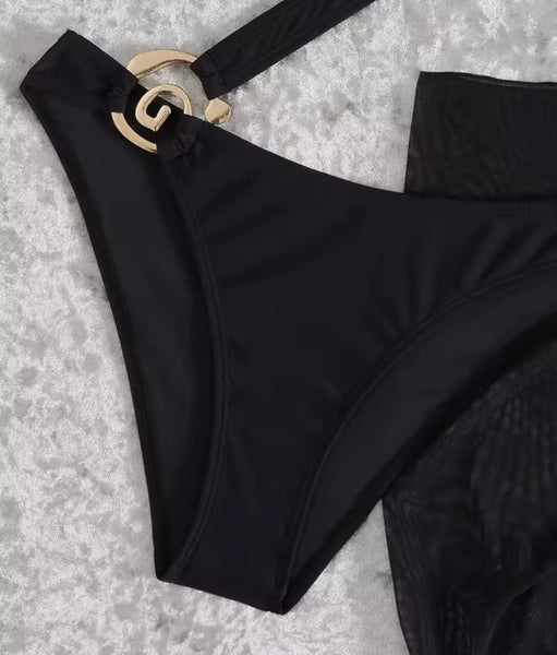 Women Black Sexy One Shoulder Metal Swimsuit Cover Up Set