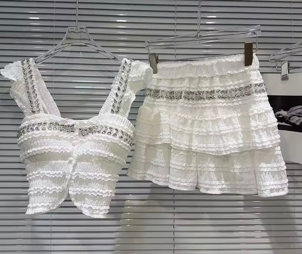 Women Sleeveless Bling Ruffled Sexy Two Piece Skirt Set