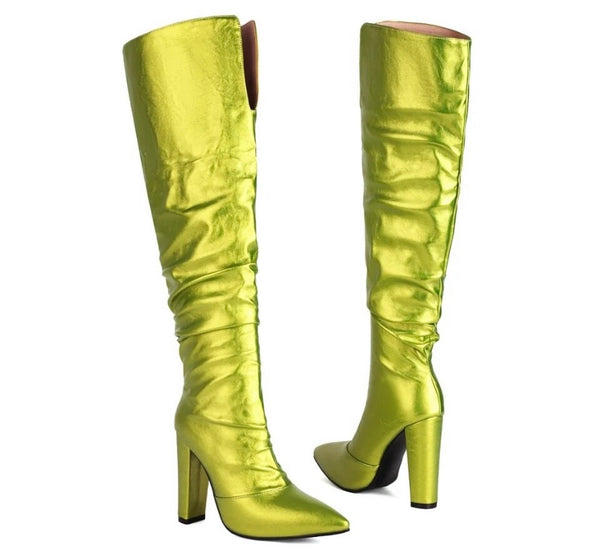 Women Pointed Toe Solid Color Fashion PU Knee High Boots