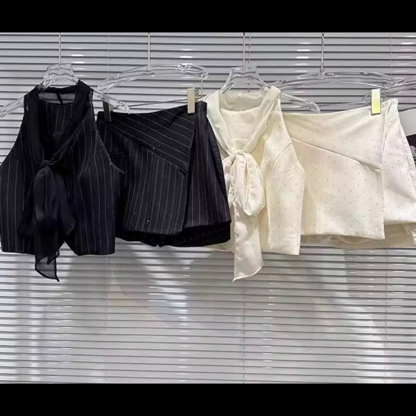 Women Sleeveless Scarf Tie Striped/Rhinestone Two Piece Skirt Set