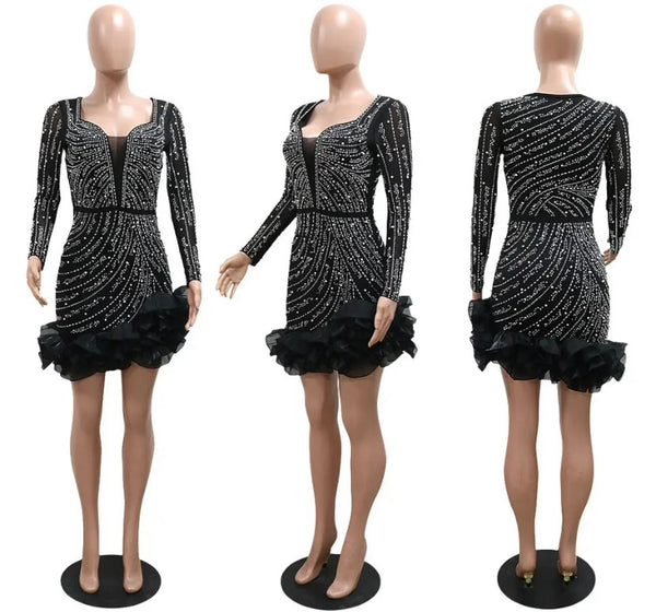Women Sexy Bling Ruffled Full Sleeve Dress