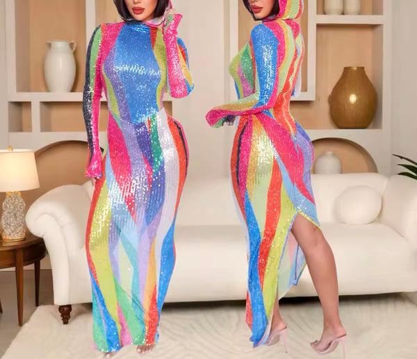 Women Color Patchwork Sparkly Hooded Full Sleeve Maxi Dress