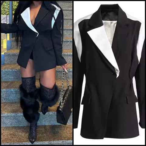 Women Fashion B&W Full Sleeve Blazer Top