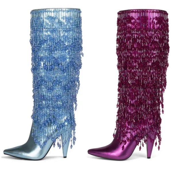 Women Fashion Pointed Toe Tassel Knee High Boots