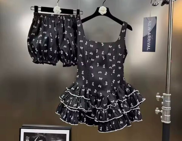 Women Sexy Sleeveless Ruffled Bow Print Two Piece Short Set