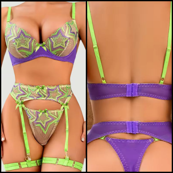 Women Sexy Color Patchwork Star Mesh Lingerie Set