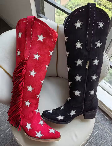 Women Fashion Star Fringe Tassel Knee High Western Boots