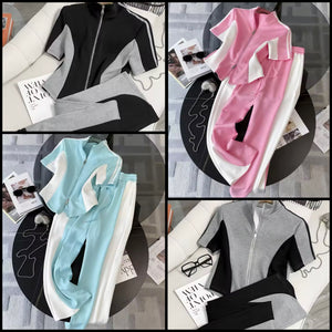 Women Fashion Color Patchwork Short Sleeve Tracksuit Two Piece Pant Set