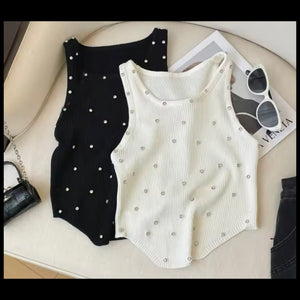 Women Sleeveless Fashion Ribbed Rhinestone Tank Top