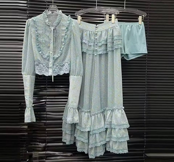 Women Ruffled Floral Full Sleeve Three Piece Maxi Skirt Set