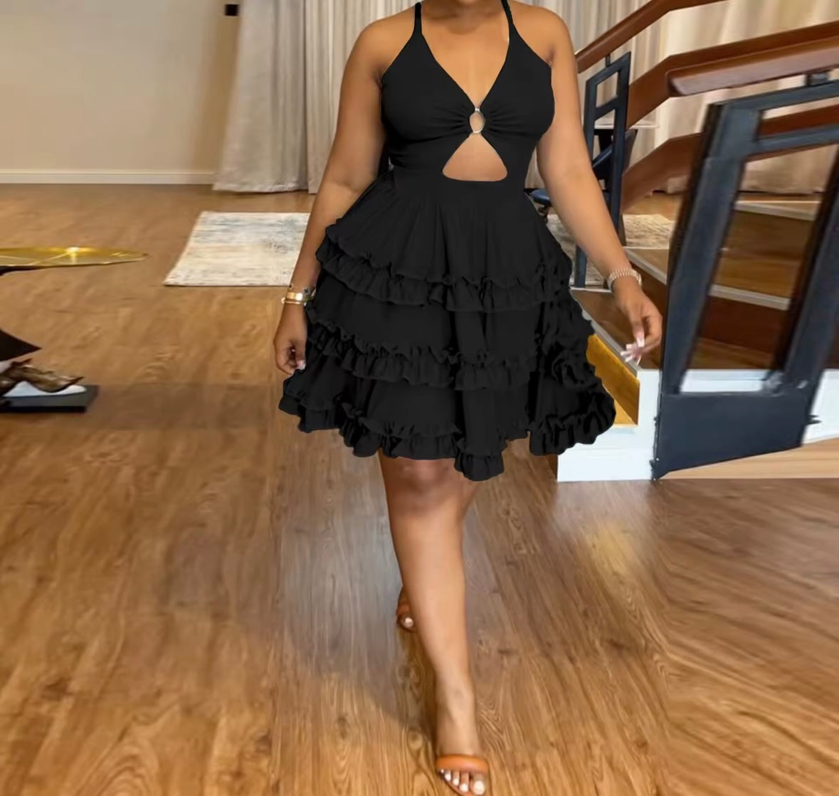 Women Sexy Sleeveless Cut Out Ruffled Dress