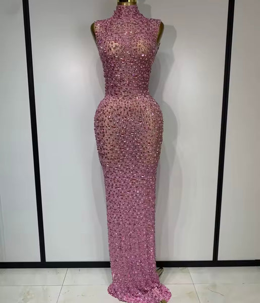 Women Sexy Sleeveless Color Crystal Mesh Maxi Dress