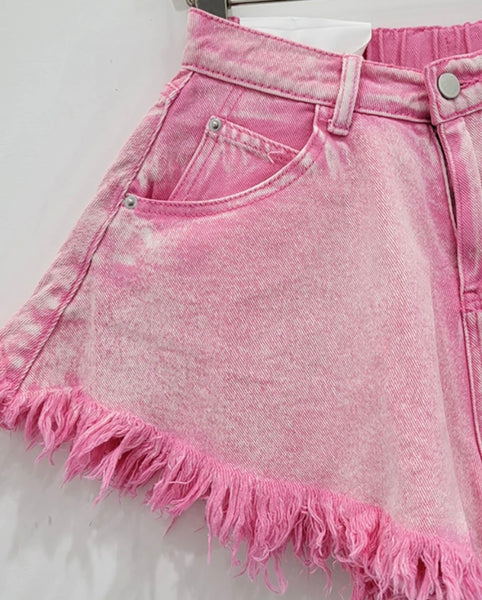 Women Pink Fashion Fringe Denim Shorts