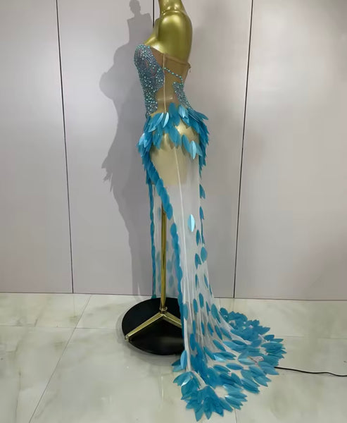 Women Sexy Strapless Beaded Sequins Side Split Maxi Dress
