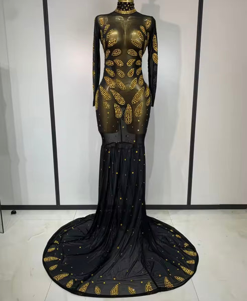 Women Sexy Black Bling Mesh Full Sleeve Maxi Dress