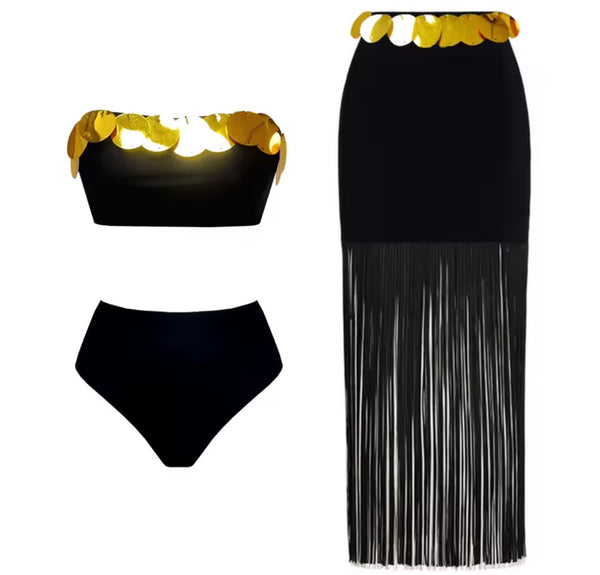 Women Sexy Sequins Strapless Black Bikini Cover Up Set