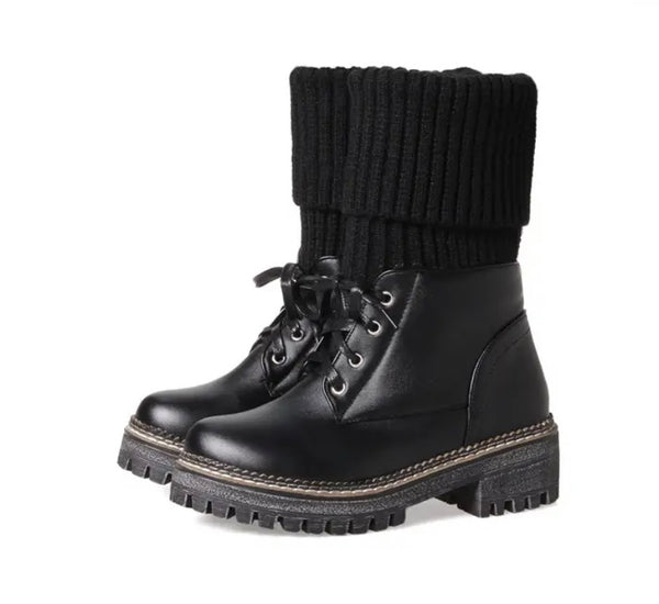 Women Color Fashion Knitted Faux Leather Lace Up Ankle Boots