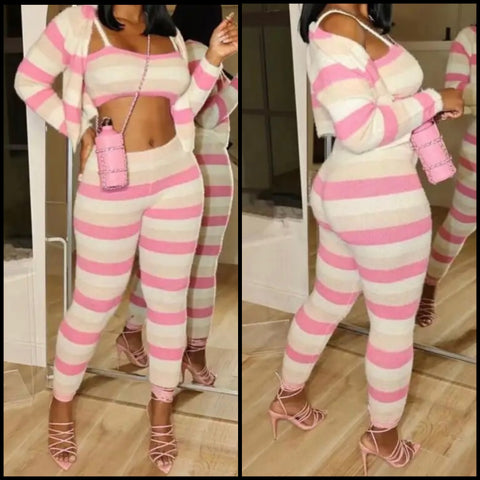 Women Sexy Fashion Full Sleeve Colorful Striped Three Piece Pant Set