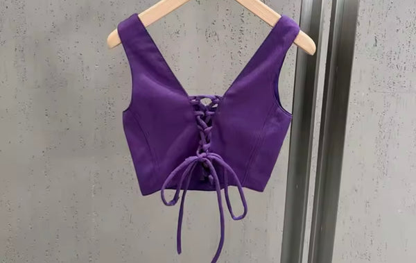 Women Fashion Purple Three Piece Cut Out Capri Pant Set