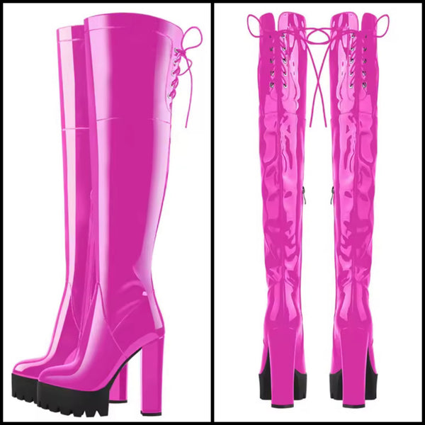 Women Fashion Pink Patent Leather Platform Knee High Boots