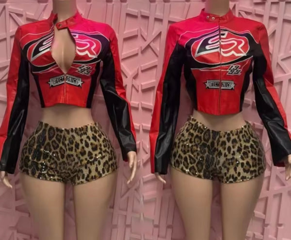 Women Fashion Faux Leather Jacket Two Piece Leopard Short Set