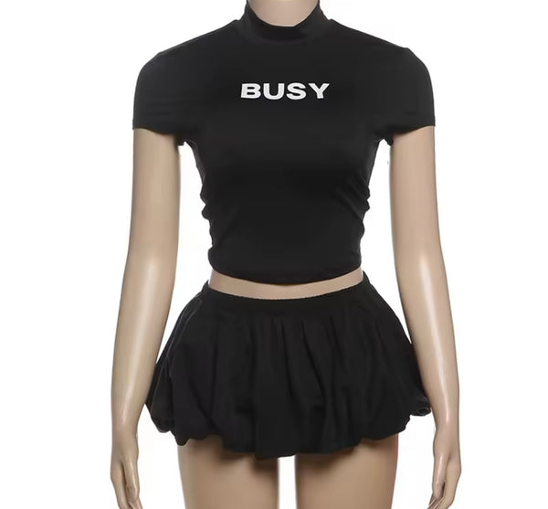 Women Sexy Solid Color Short Sleeve Letter Print Two Piece Skirt Set