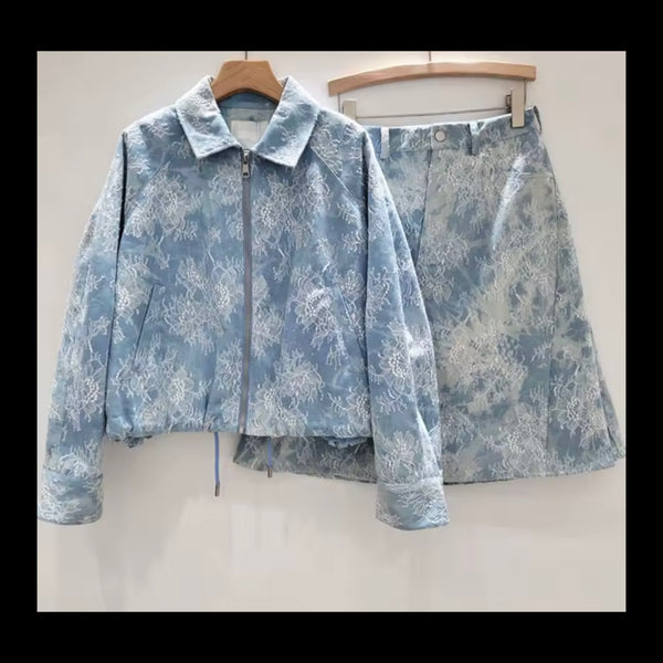 Women Fashion Zip Up Lace Denim Two Piece Skirt Set