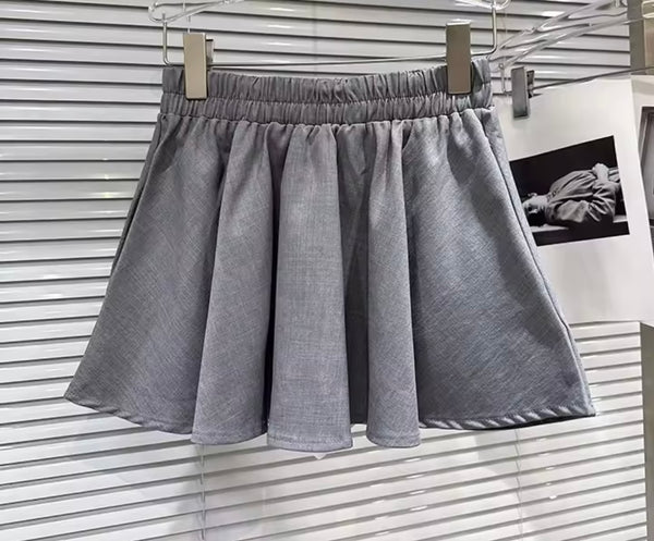 Women Gray Lace Button Up Strapless Two Piece Pleated Skirt Set