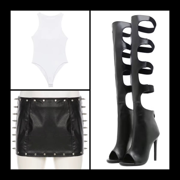 Women Sexy Fashion Black Rivet Spike PU Skirt