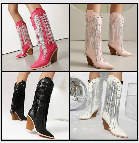 Women Fashion Bling Tassel Western Boots