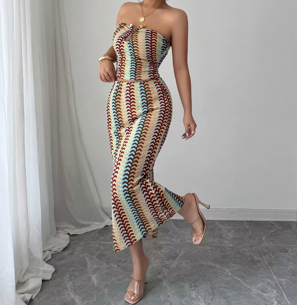 Women Sexy Strapless Colorful Striped Two Piece Maxi Skirt Set