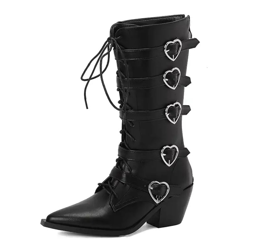 Women Pointed Toe Heart Buckled Lace Up Fashion Boots
