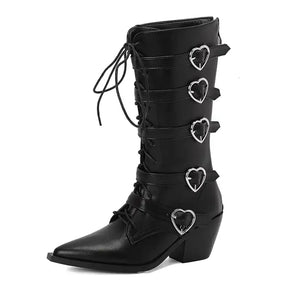 Women Pointed Toe Heart Buckled Lace Up Fashion Boots