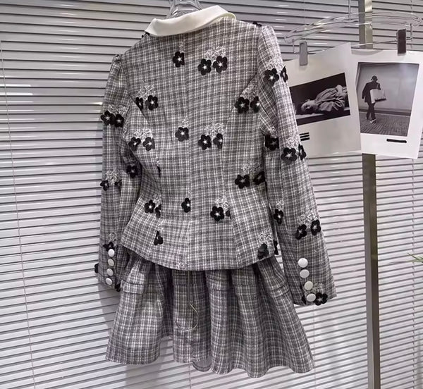 Women Floral Plaid Button Up Fashion Two Piece Skirt Set