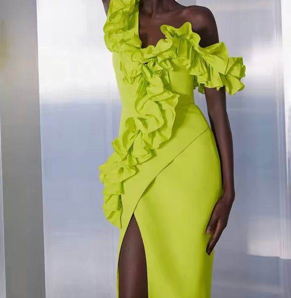 Women Green Ruffled Front Split Maxi Dress