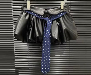 Women Sexy Fashion Black Faux Leather Polka Dot Tie Skirt