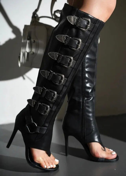 Women Fashion Open Toe Buckled Knee High Boots