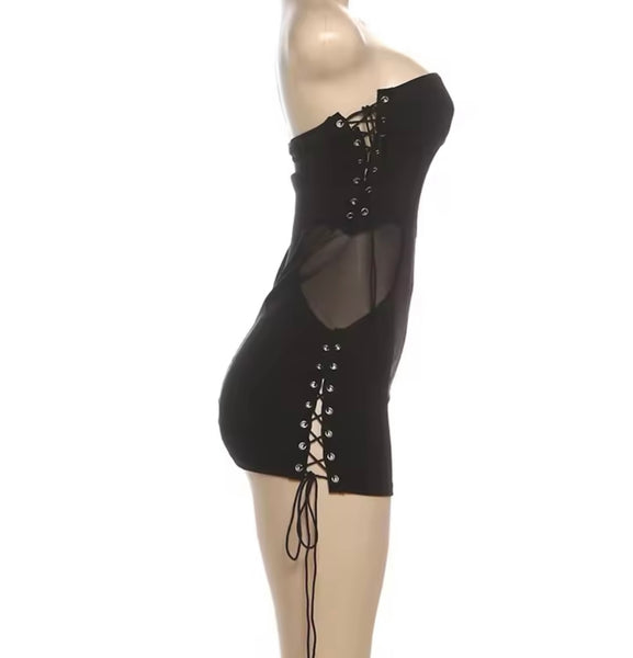 Women Sexy Black Strapless Heart Mesh Tie Up Dress