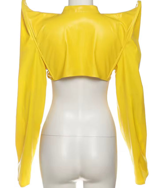 Women Yellow Fashion Faux Leather Zip Up Crop Jacket