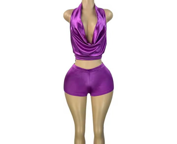 Women Sexy Satin Halter Open Back Sleeveless Two Piece Short Set