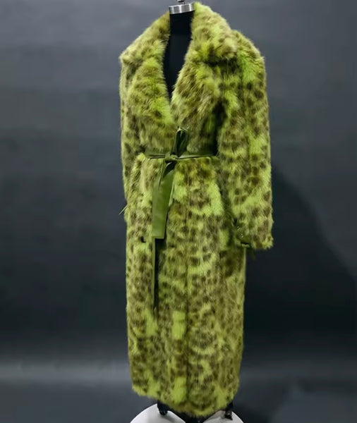 Women Fashion Green Leopard Print Faux Fur Long Jacket