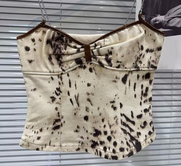 Women Chain Sleeveless Leopard Print Denim Two Piece Pant Set