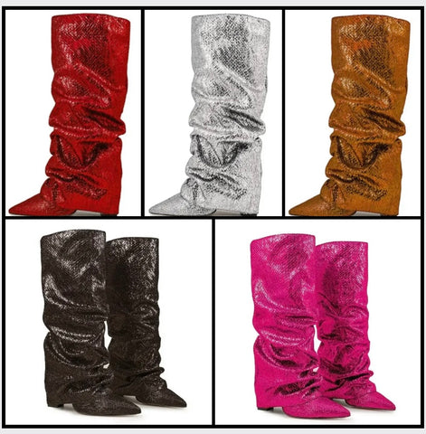 Women Color Ruched Sequins Fashion Knee High Boots