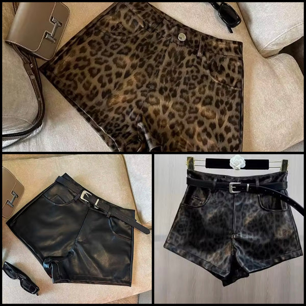 Women Fashion Animal Print PU Shorts