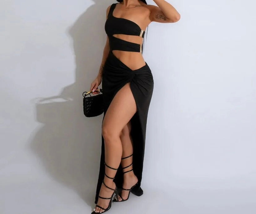 Women Sexy One Shoulder Sleeveless Cut Out Side Split Maxi Dress