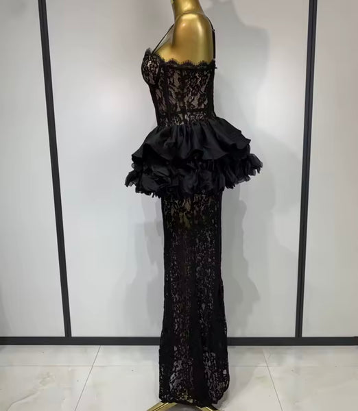 Women Black Sleeveless Sexy Lace Ruffled Maxi Dress