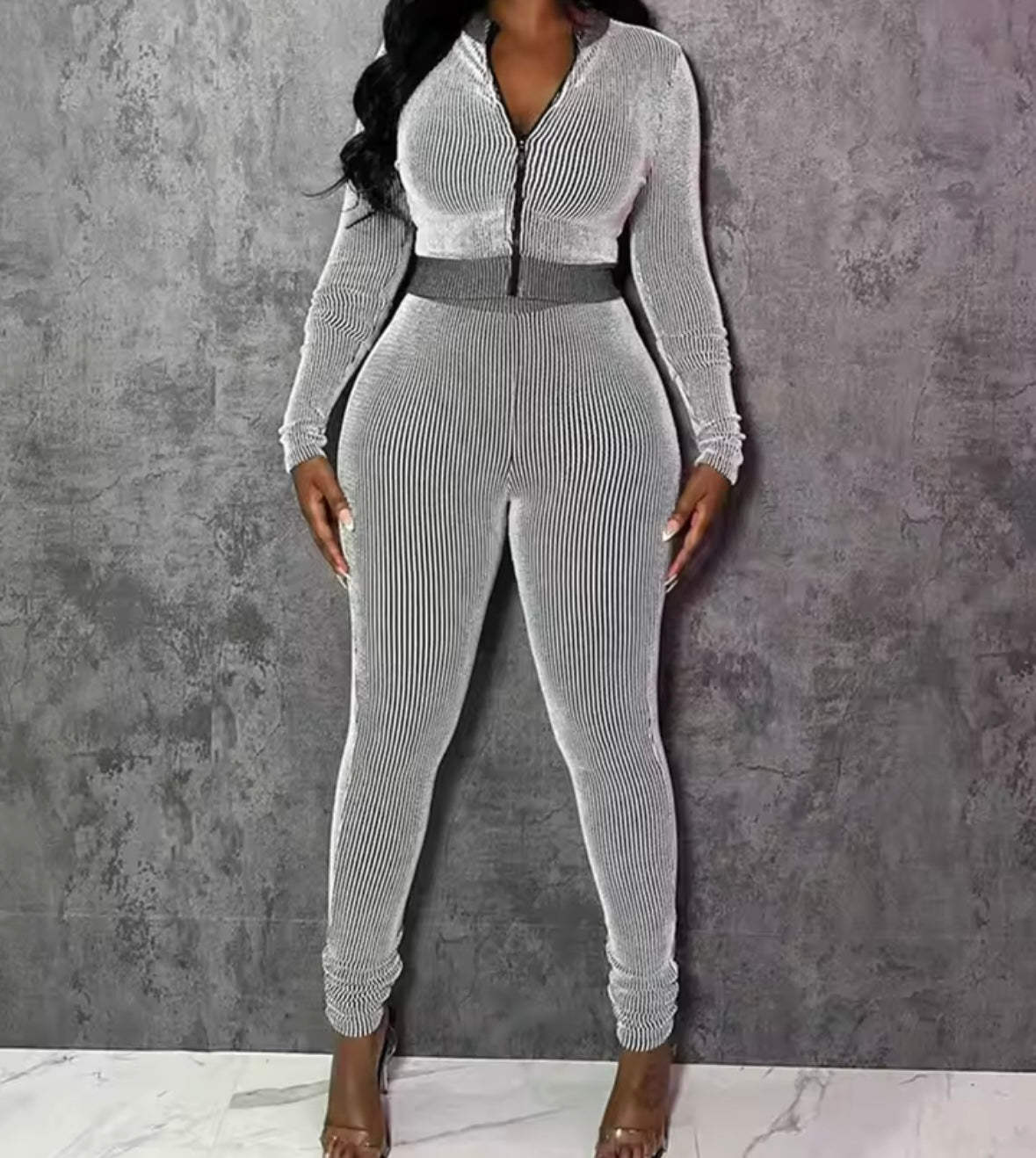 Women Zip Up Striped Full Sleeve Fashion Two Piece Pant Set